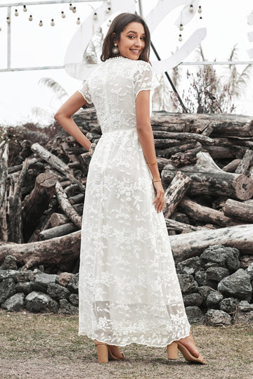 V-neck White Lace Wedding Party Dress